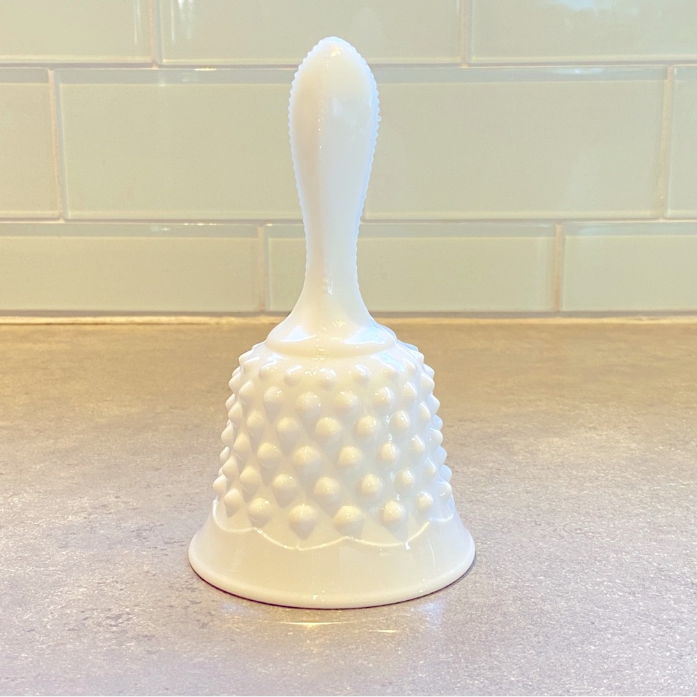 Vintage Fenton Pointed Hobnail White Milk Pressed Glass Handled Bell